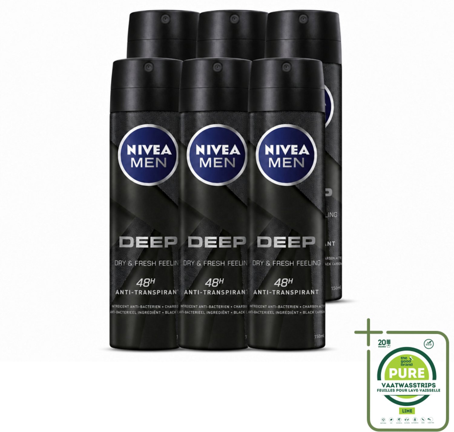 6 x NIVEA MEN – Deodorant spray – Deep – 150 ml - Grootverpakking - Anti-transpirant Spray - Zweetgeur - Droge Huid - 48 Uur Bescherming - Black Carbon