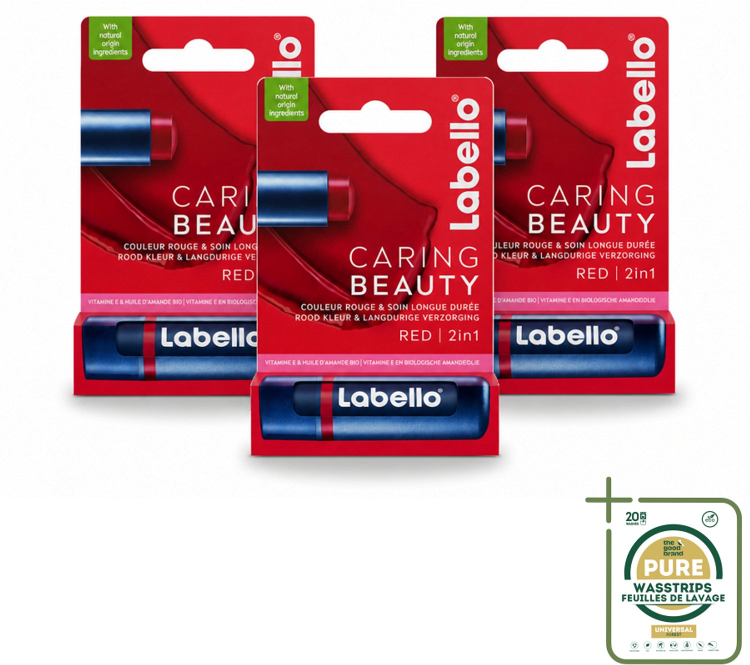 3 x Labello –Lippenbalsem – Caring Beauty Red – 5,5 ml - Wasstrips - Lippenbalsem - Verzorging - Kleur - Hydraatatie - Natuurlijke Ingrediënten