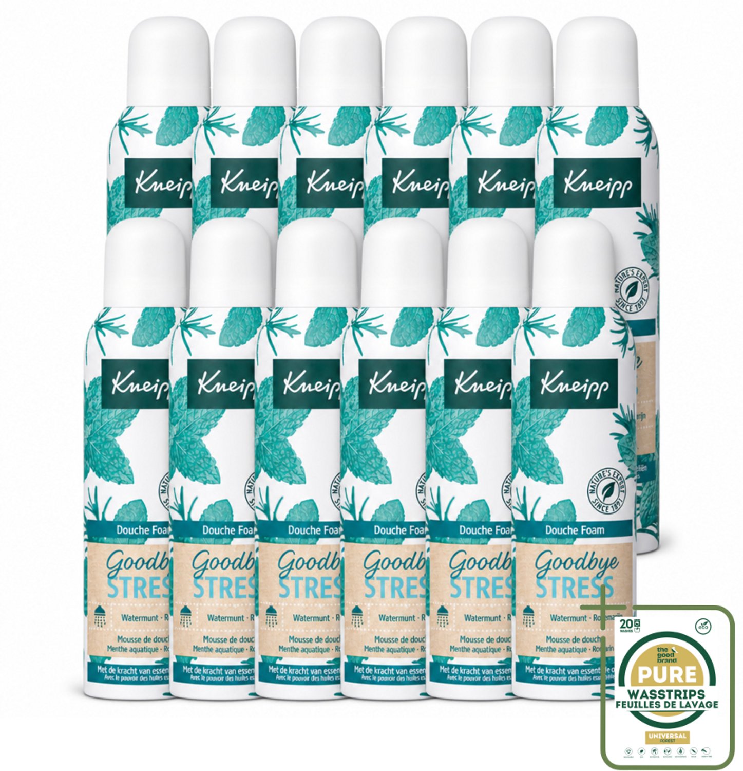 12 x Kneipp - Douche schuim - Goodbye Stress - Watermunt & Rozemarijn - 200 ml - Wasstrips - Douche Schuim - Stress Verlichten - Natuurlijke Geur - Verfrissend Schuim - Huid Verzorging