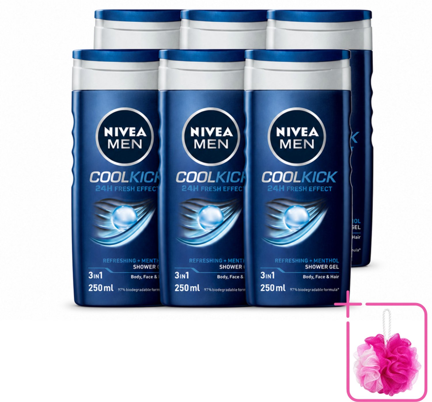 6 x NIVEA MEN - Douchegel - Cool Kick - 250 ml - Bulkverpakking - Douchegel - Douchemop - Shampoo