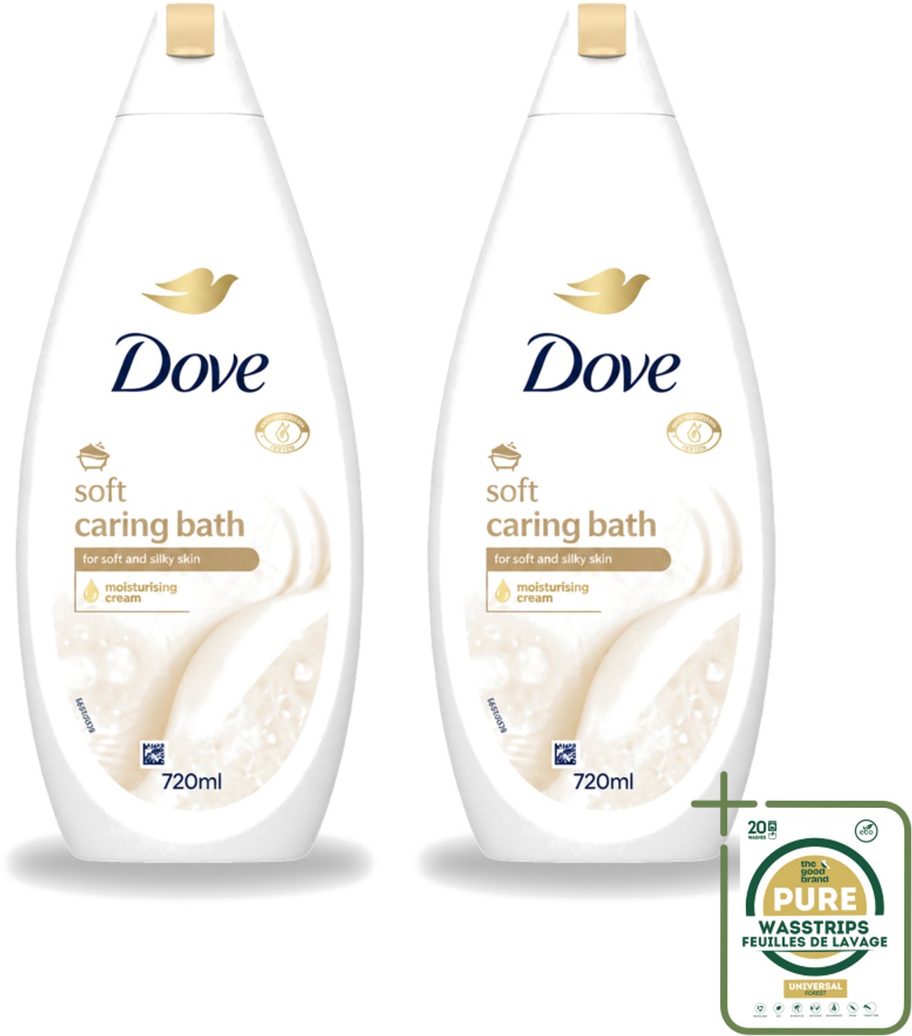 2 x Dove – Badcrème – Soft – 720 ml - Wasstrips - Douchegel - Zachte Reiniging - Zijdezachte Huid - Glycerine - Schuim