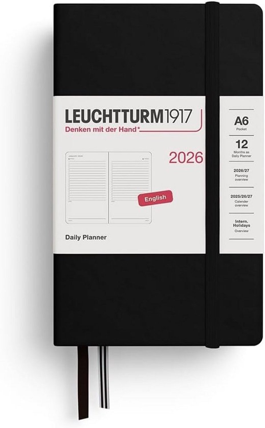 Pocket-dagkalender A6 2026 - compacte agenda met één pagina per dag, zwart