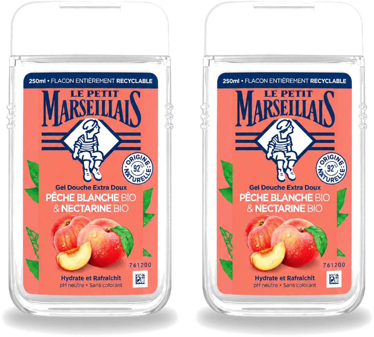 2 x Le Petit Marseillais – Douchegel – Pêche Blanche & Nectarine Bio – 250 ml - Voordeelverpakking - 2 stuks