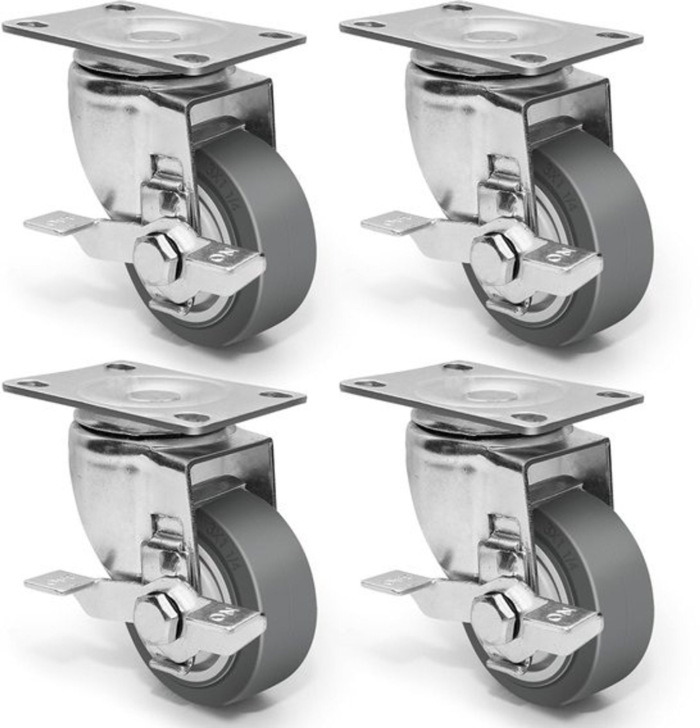 Zwenkwielenset - Rubberen Wielen - Meubels Verplaatsen - Zware Belasting, 4x Rem - 3 Inch