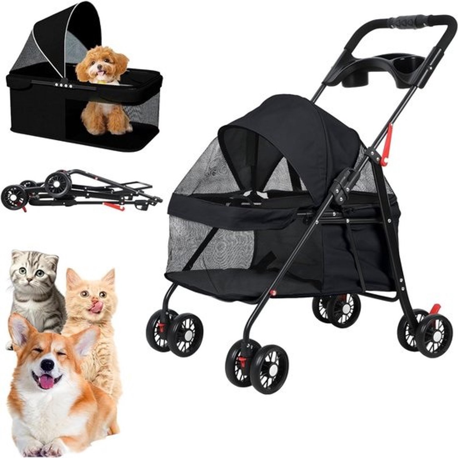 Dierenwandelwagen - Hondenbuggy en kattenkar - Comfortabel reizen - Eénhandig inklapbaar - Tot 7.5kg - Zwart