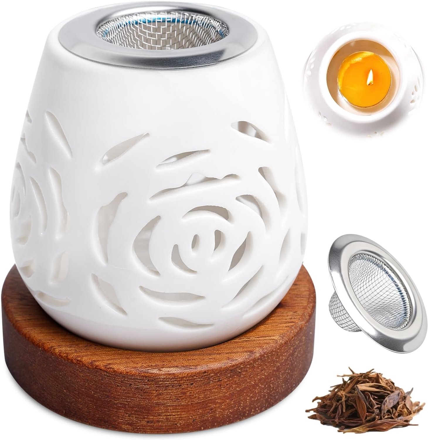 Wierookbrander met zeef - hooggebrande keramiek - massief houten sokkel - ideaal voor meditatie - Homevero