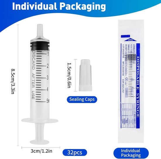 32-delige Plastic Spuit met Afsluitdoppen, 5ml Multi-functioneel, Nauwkeurige Schaal, Herbruikbaar en Transparant voor Vloeistofscheiding en Plantenbewatering — afbeelding 5