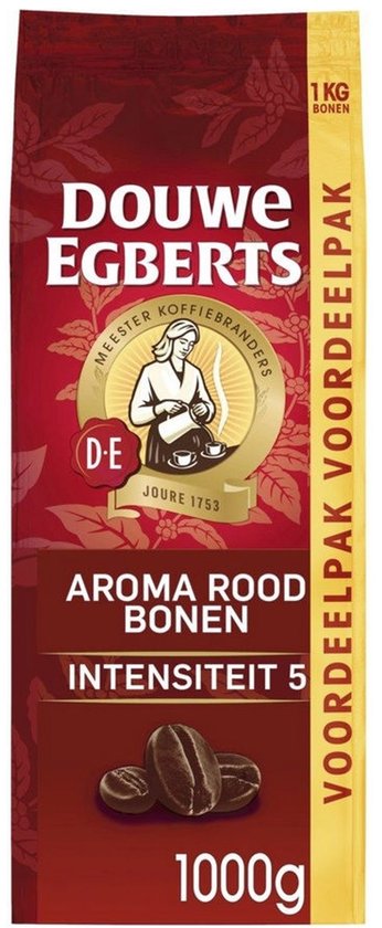Rode verpakking van 1kg Douwe Egberts Aroma Rood koffiebonen met het iconische D-E logo en intensiteit 5.