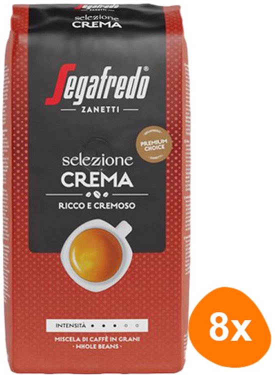 Rode verpakking Segafredo Selezione Crema koffiebonen met afbeelding van een kopje koffie en een '8x' icoon.