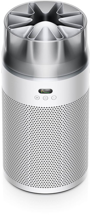 Witte Dyson luchtzuiveraar met cilindrische behuizing, geperforeerd filter en stervormige bovenkant met AQ-display.