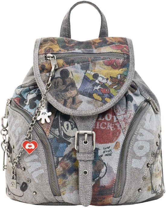 Grijze Desigual rugzak met Mickey Mouse print en Mickey hand-bedeltje.