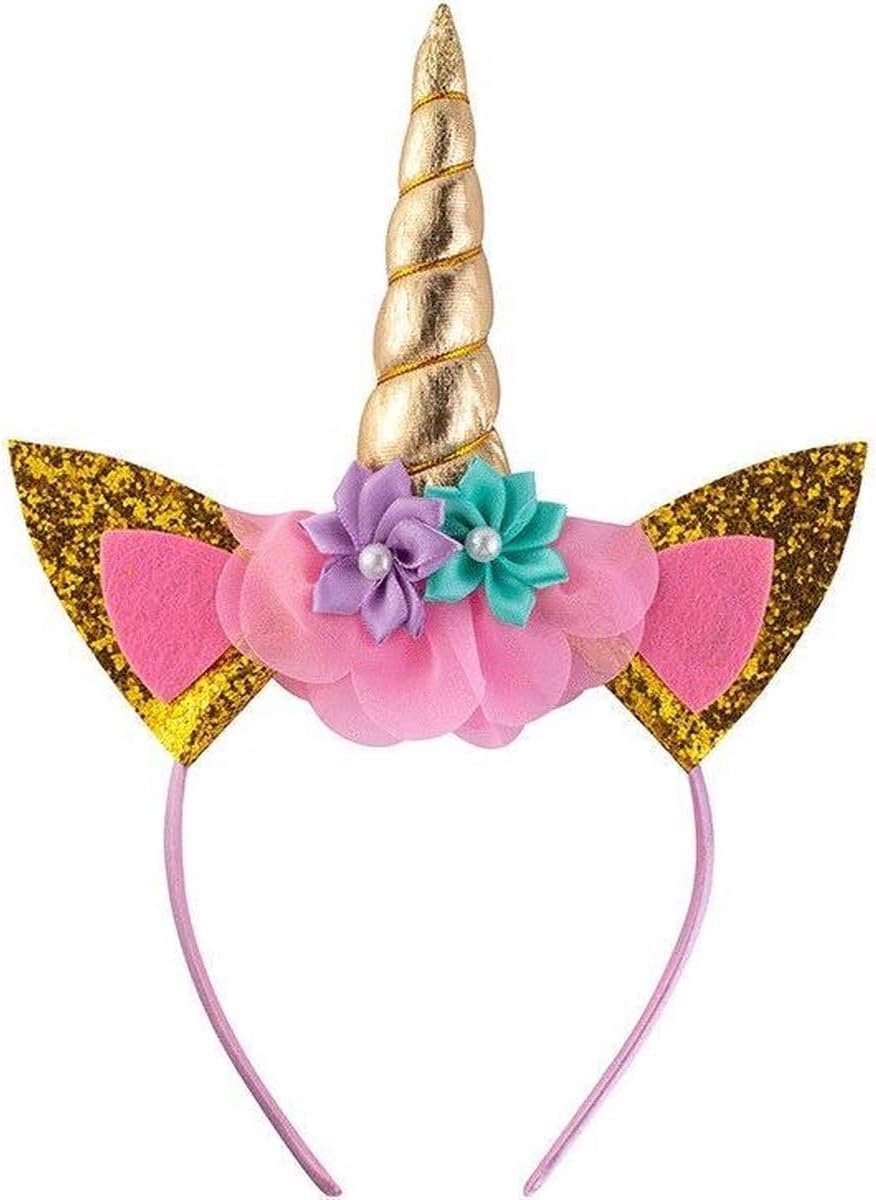 Eenhoorn Diadeem Goud – Unicorn Tiara met Bloemen en Glitter Oortjes – Verkleedkroon voor Kinderen, Verjaardag en Themafeest – One Size