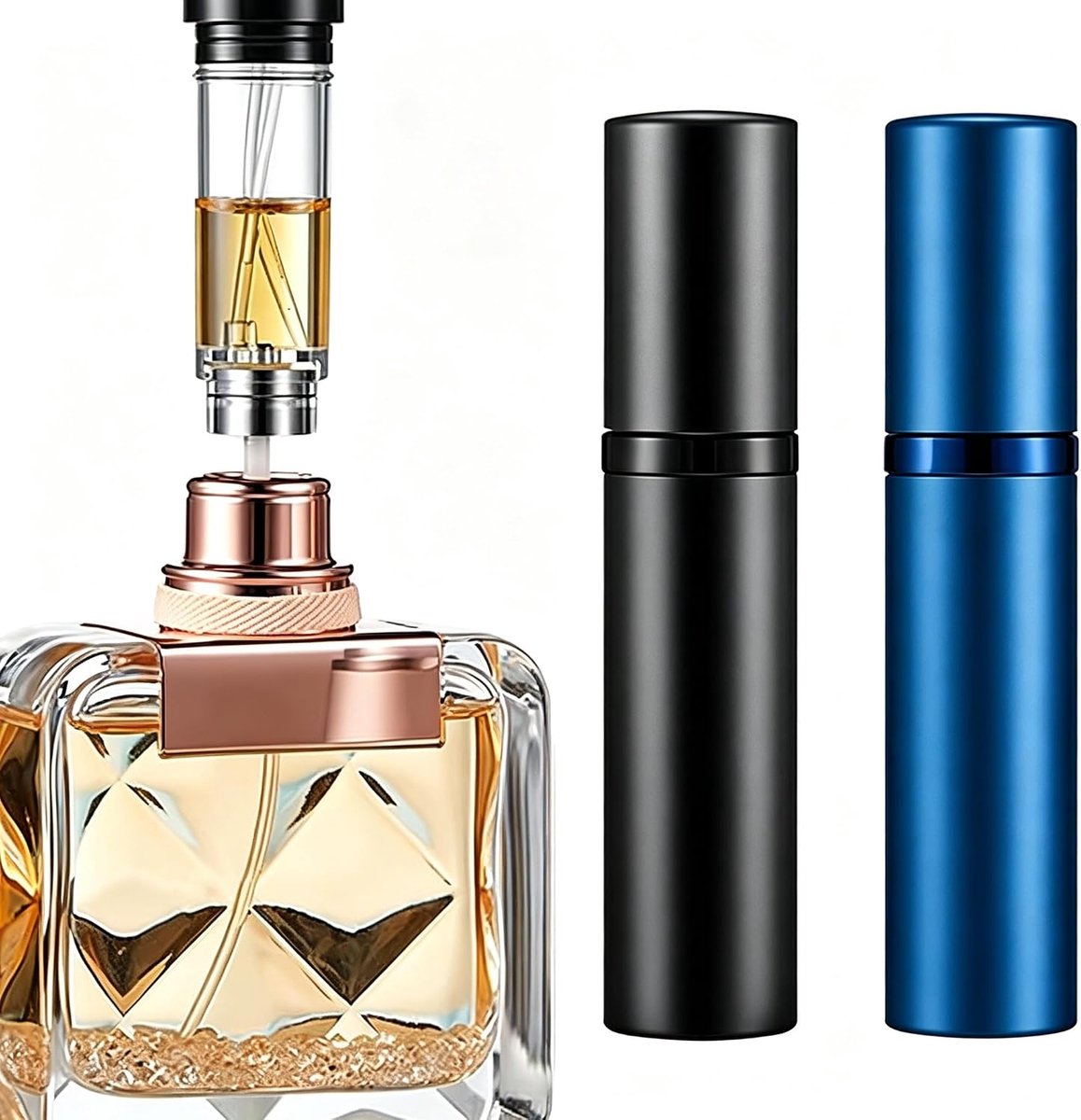 2 Stuks Hervulbare Parfumverstuiver 5ml, Travel Parfumflesjes Set Zwart Blauw, Mini Navulbare Sprayflesjes Zakformaat, Parfumdispenser voor Dames en Heren