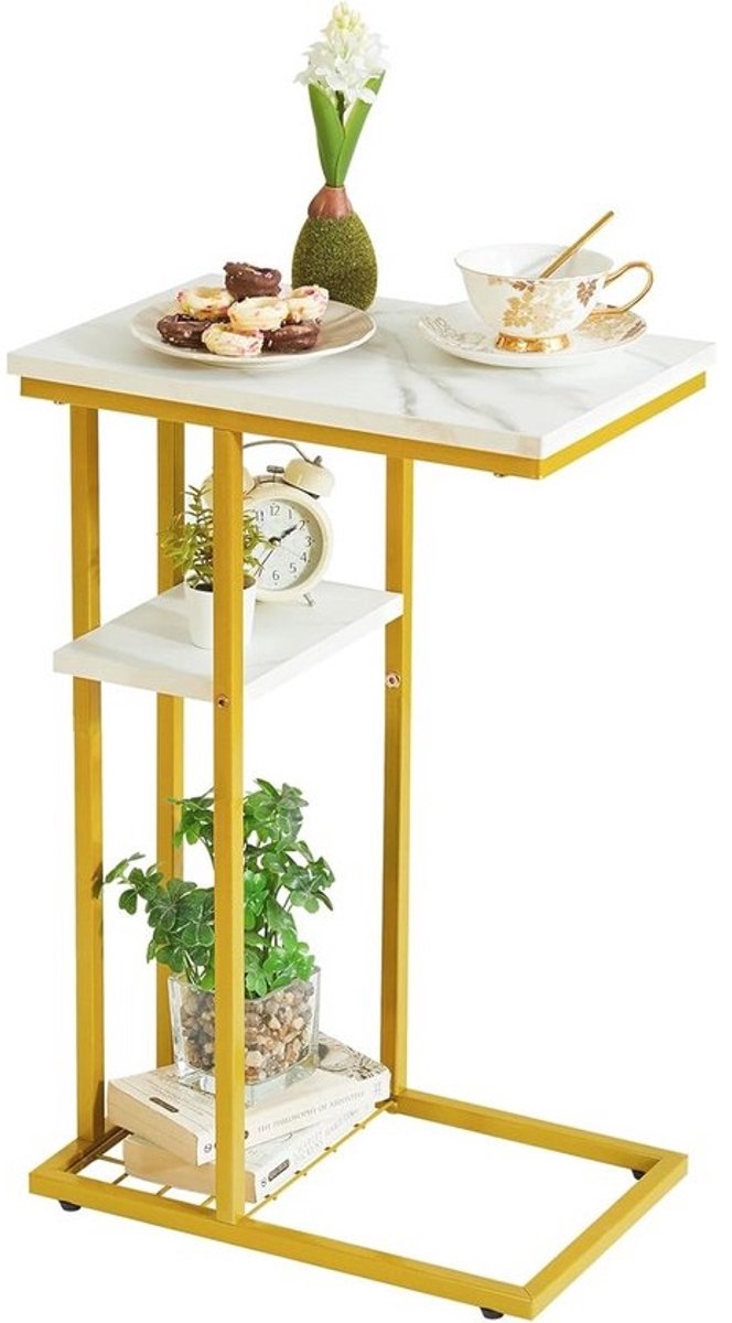Lage C-vorm bijzettafel met 2 etages - Opslagoplossing voor woonkamer, slaapkamer, balkon en kantoor