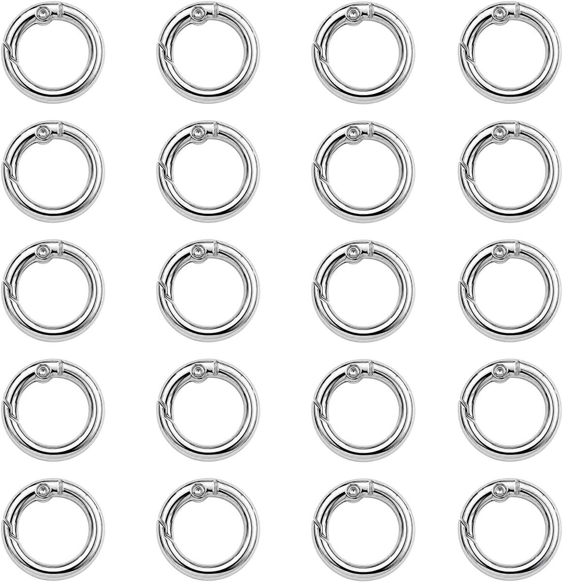 20 stuks ronde karabijnhaken 20 mm, ronde metalen ringen met veersluiting voor sleutelhangers, tasaccessoires, hangers en knutselwerk, herbruikbaar, zilverkleurig