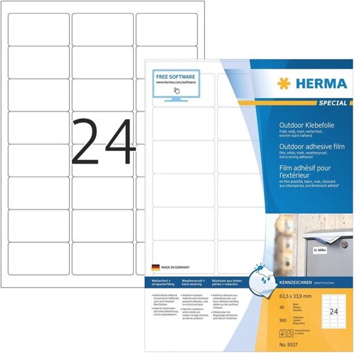 Weerbestendige outdoor folielabels A4 - Zelfklevend, bedrukbaar, 960 etiketten, 63,5 x 33,9 mm