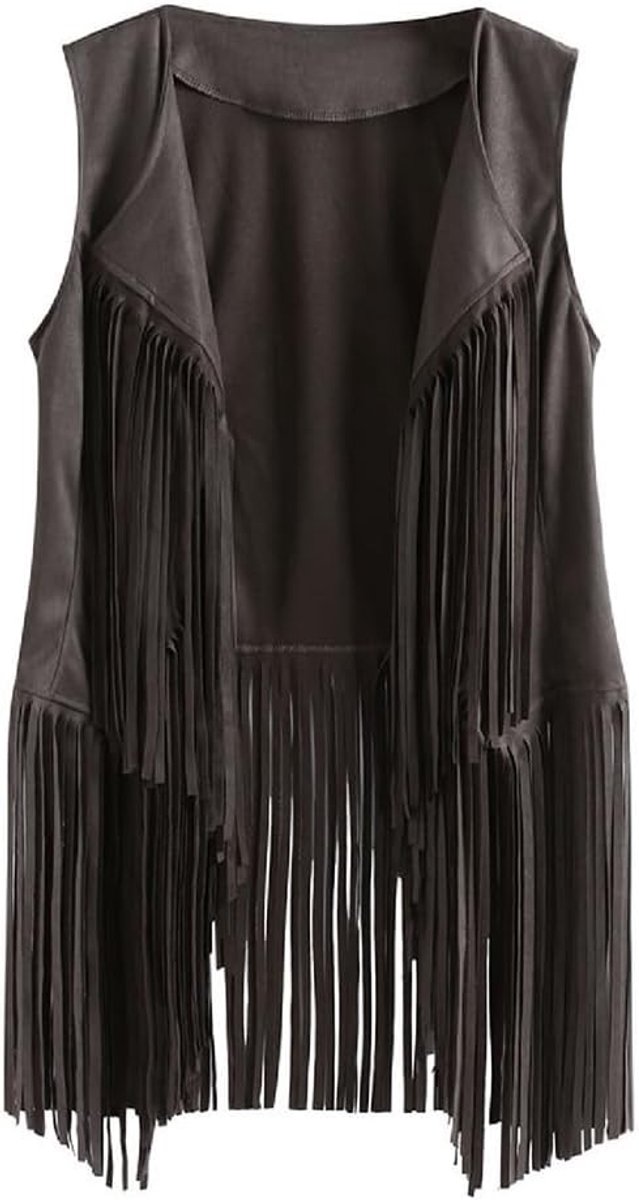 Faux Suede Fringed Cardigan voor Dames in Etnische Stijl met Franje en Cowboy Vintage Look - Maat S
