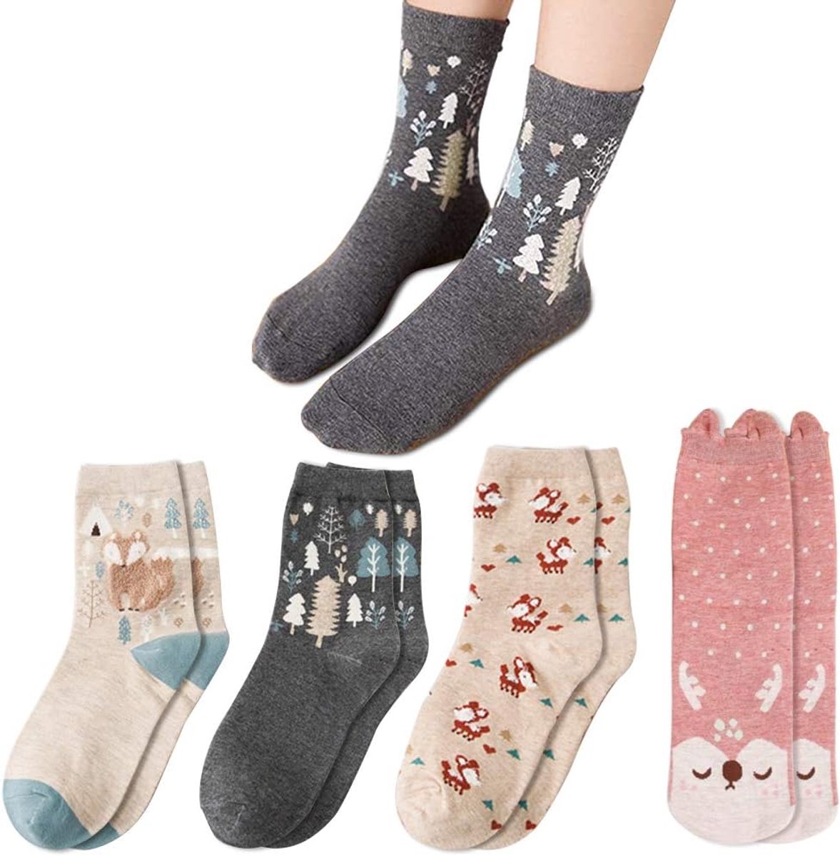 Sokken 4 paar, Multipack dames katoen pluizige grappige sokken met schattige Funky dier Fox print, nieuwigheid dikke warme thermische winter oneven sokken geschenken voor vrouwen meisjes kerst 4-7