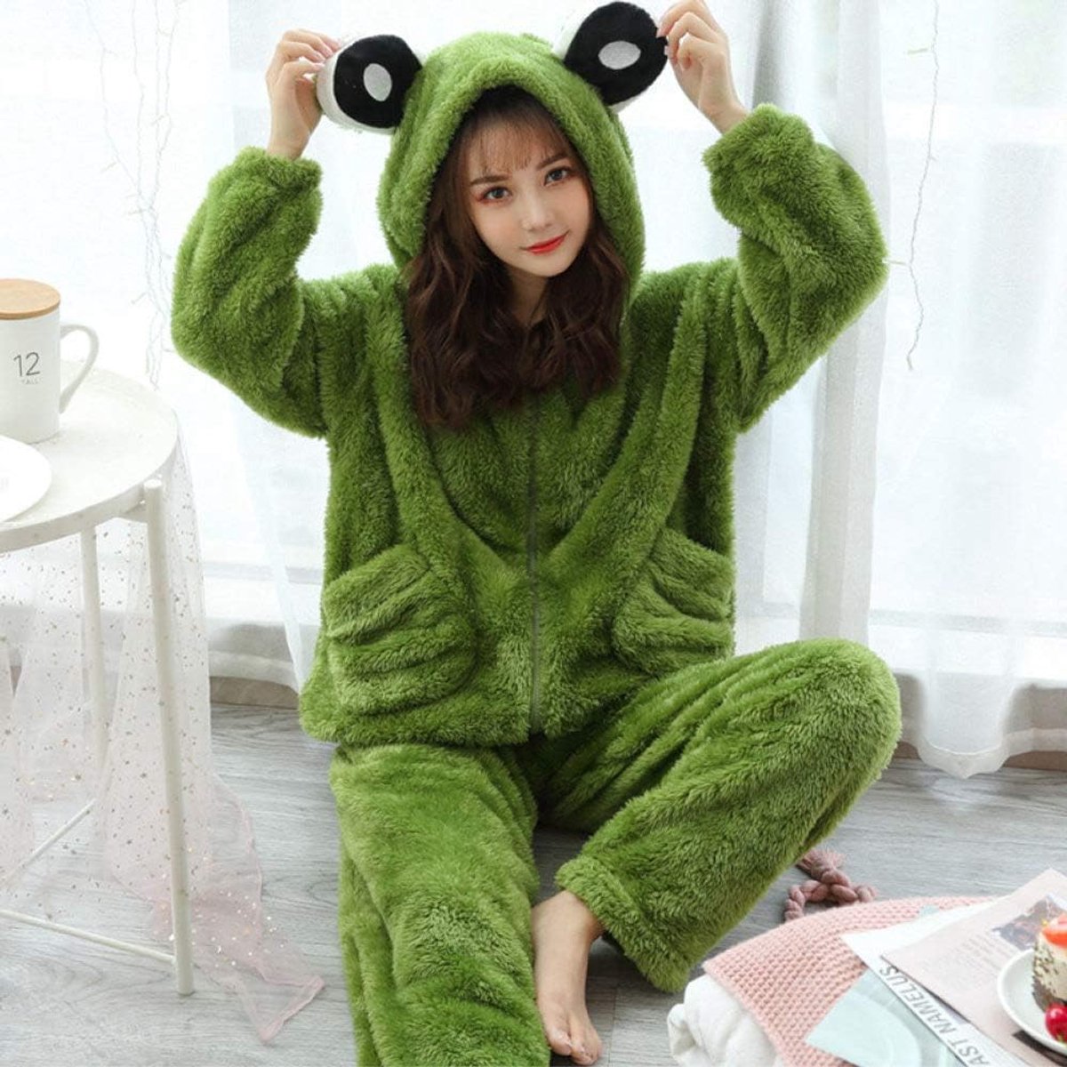 winter, meisjes pyjama winter warme capuchon lounge dragen meisjes volwassenen dier kikker pyjama set winter dikke flanel pijamas sleepwear home night wear, groot