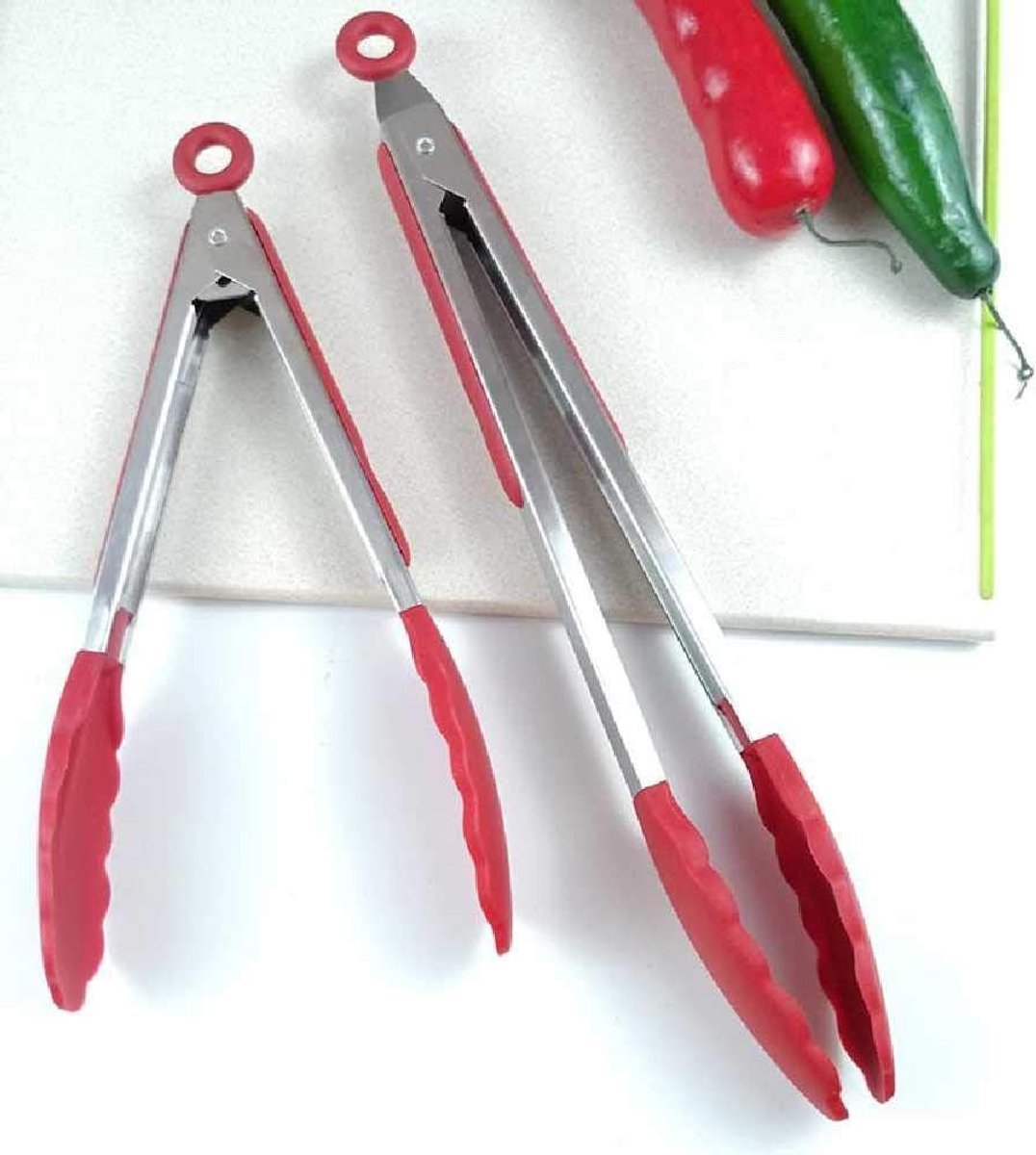 12-Inch Siliconen Voedseltang, Roestvrijstalen Barbecuetang, Anti-verbranding En Speciale Voedseltang Voor Hoge Temperaturen (2 Stuks) 34.5 * 3.5cm/rood
