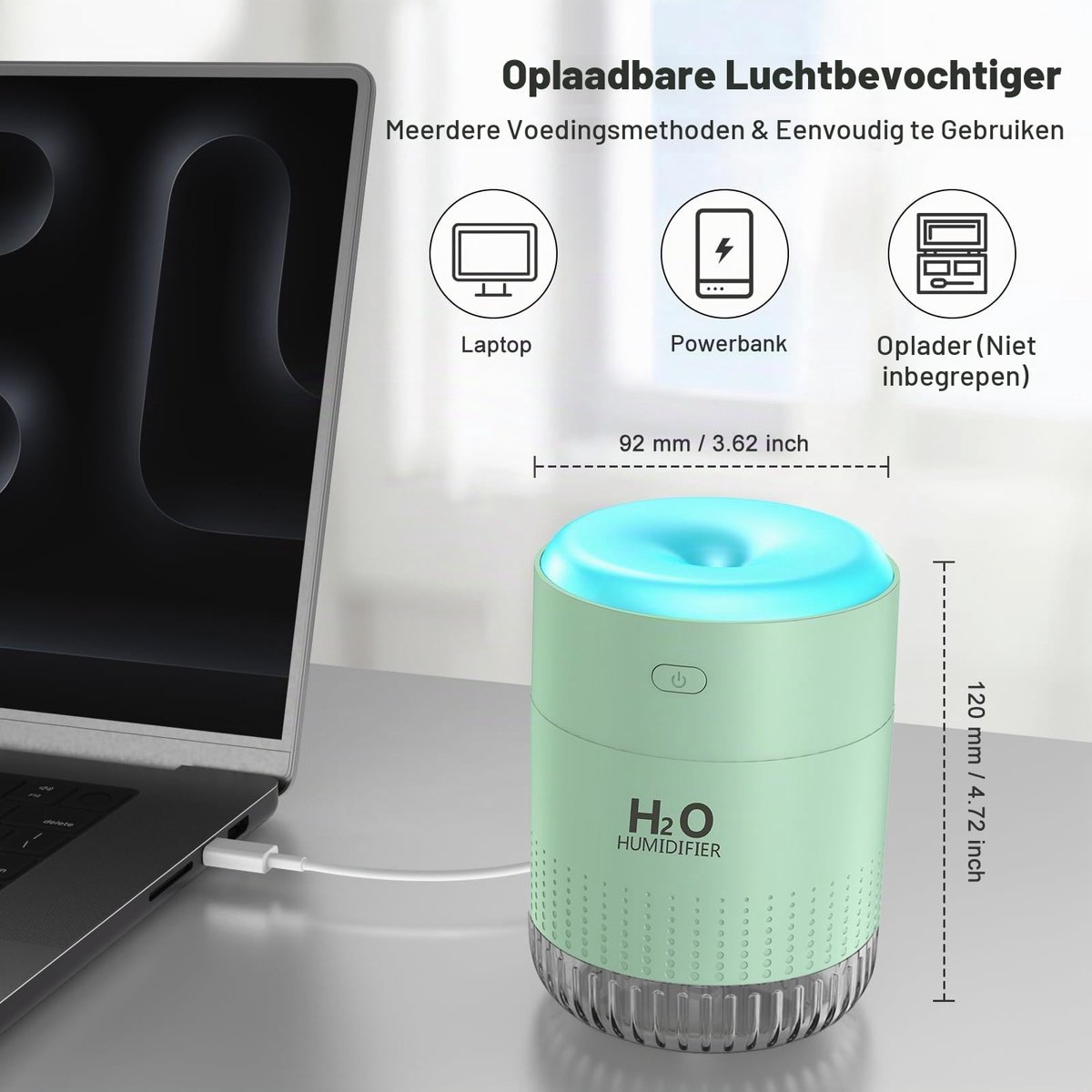 Luchtbevochtiger 350 ml - groen - stille mini-luchtbevochtiger - ideaal voor slaapkamer - ShopVlot