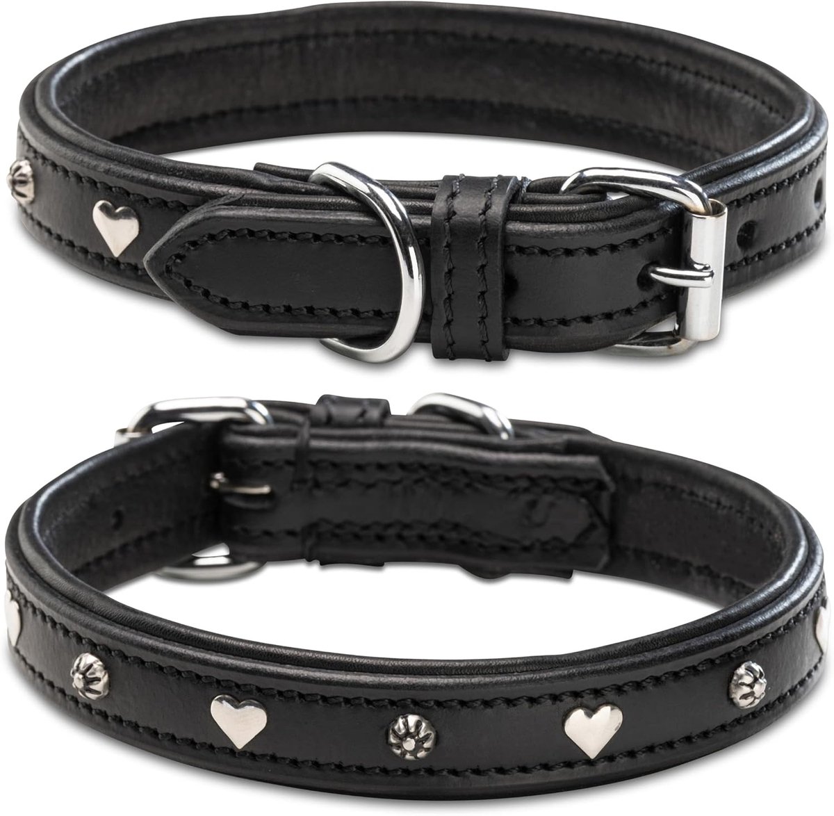 & Russell Hondenhalsband, leer, zwart met applicaties hart & bloem, dubbellaagse echt lederen hondenhalsband Coer (XL (48,5-58,5))