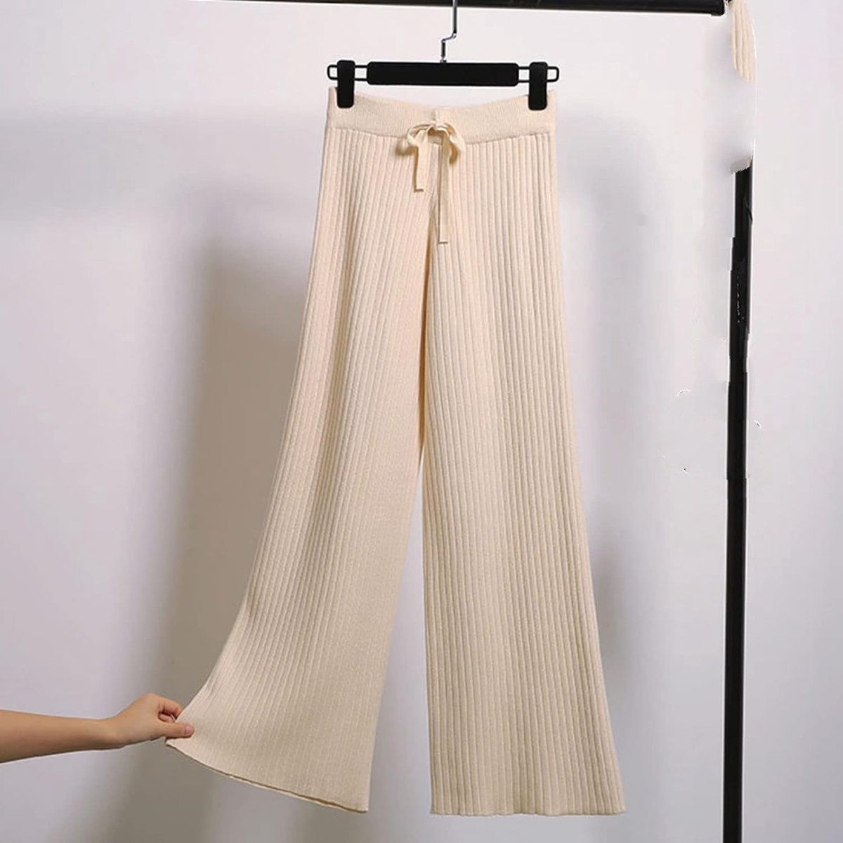 Gebreide Broek Met Wijde Pijpen - Herfst Winter Dames Broek Met Rechte Pijpen Mode Gestreept Gebreid Stretch Warm Abrikoos Retro Hoge Taille Losse Wijde Pijpen Broek Dames Streetwear Kerst Ni