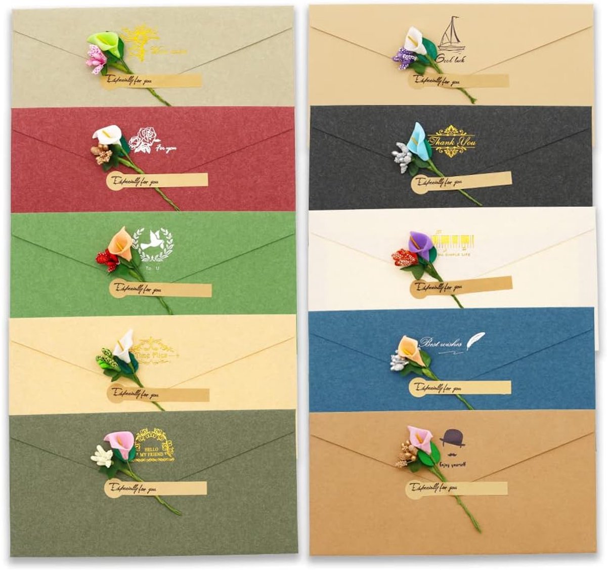 10 stuks vintage kraftpapieren enveloppen met wenskaarten, handgemaakte gedroogde bloemen en stickers, voor verjaardagen, bruiloften, Kerstmis, uitnodigingen, ansichtkaarten (meerkleurig)