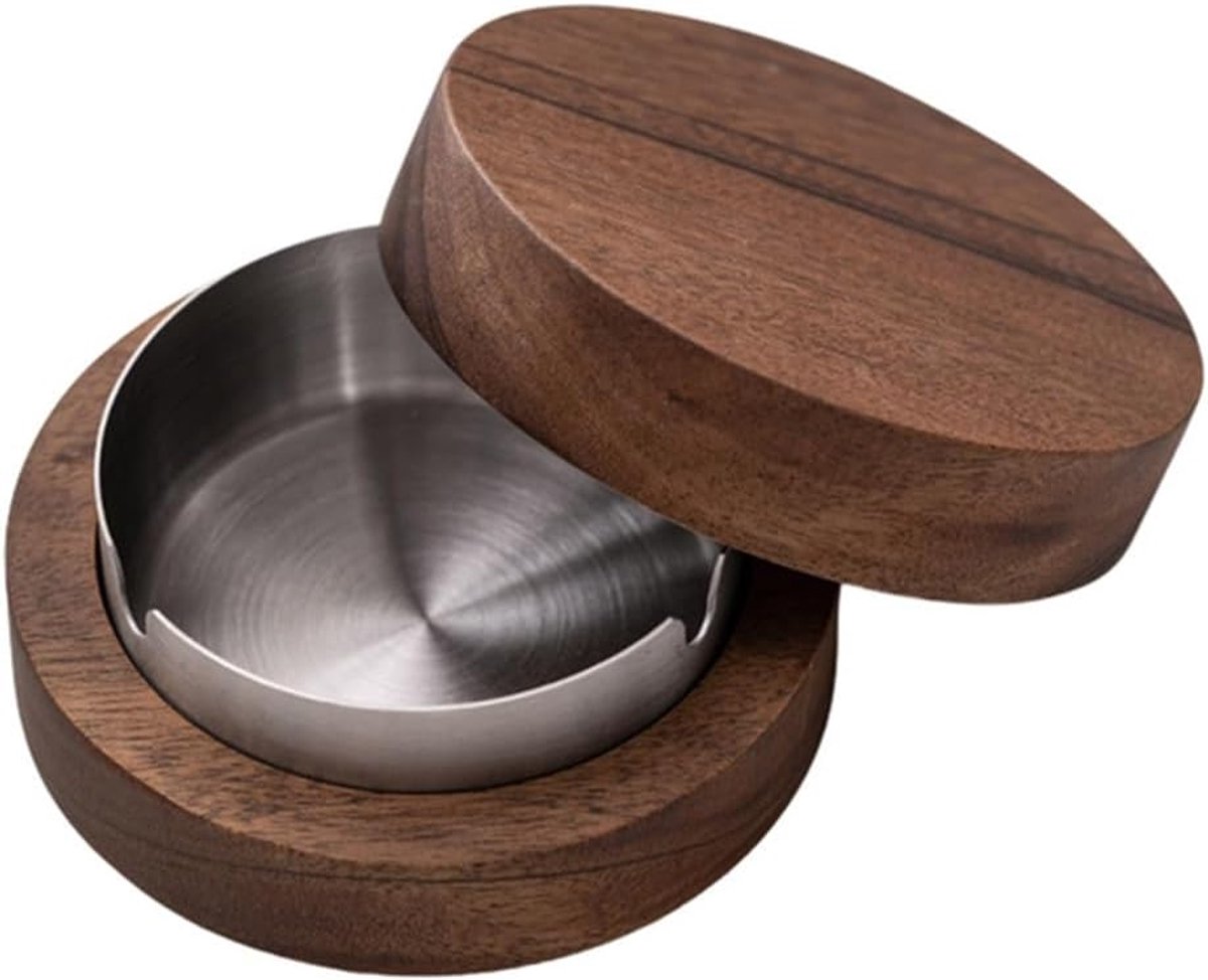 Asbak van hout met deksel - Wooden Ashtray with Lid - Decorative Indoor and Outdoor Ashtray - Original Ashtray with Odor-Proof Lid - Color: Wood and Metal