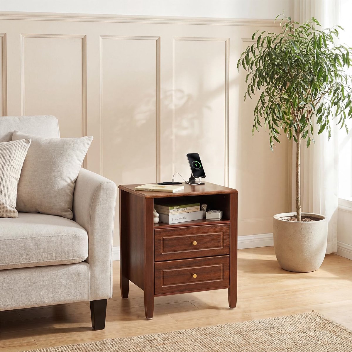 Nachtkastje met Oplaadstation USB & 2 Lades - Esdoorn Houtlook - 50x40x60CM