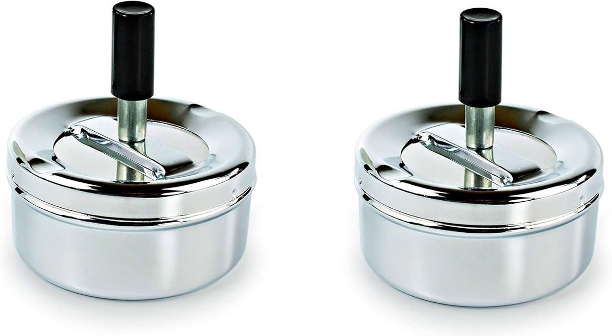2 Stuks Roterende Windasbak - Druk Asbak Metaal Chroomkleurig 9 cm Diameter