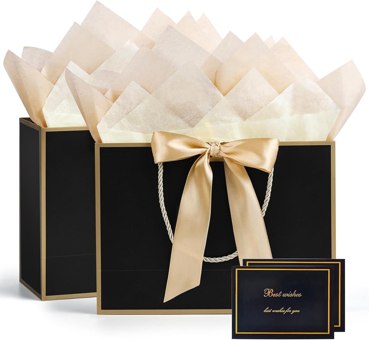 Papieren cadeautassen - Set van 2 grote cadeautassen met handvatten, afmetingen 28,4 x 20,9 x 10 cm, luxe strik, inclusief 2 kaartjes, geschikt voor verjaardagsfeestjes, bruiloften en andere gelegenheden,Zwart en goud,28x20x10cm