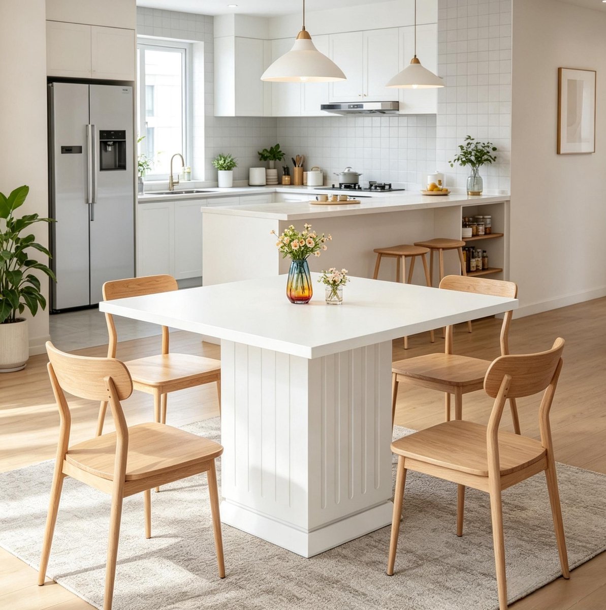 FloraGrace Vierkante Eettafel Modern Ontwerp met Stevige Houten Voet voor Keuken en Eetkamer voor 4 Personen Hout Spaanplaat Wit 90 x 90 x 75 cm