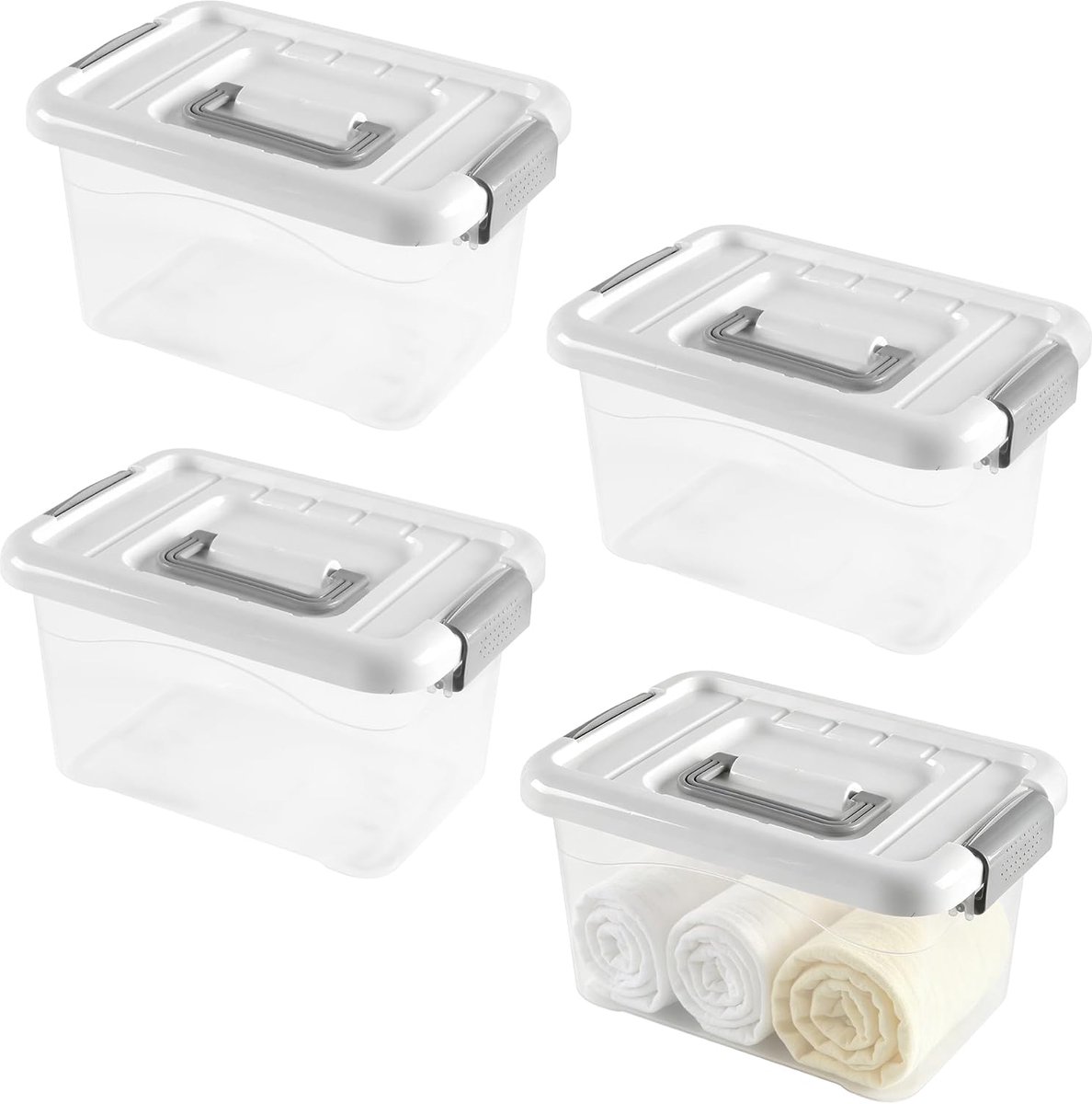 4 stuks opbergdozen met deksel, kunststof, 28,5 x 19,5 x 15,5 cm, stapelbare plastic dozen met kliksluiting, transparante kunststof doos voor keuken, huishouden, kantoor, badkamer