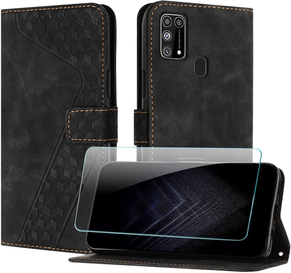 Telefoonhoesje voor Samsung Galaxy M31S met Schermbeschermer, PU Flip wallet Hoesje met Kaartenvakken en Horizontale Standfunctie Magneet voor Galaxy M31S (Zwart)