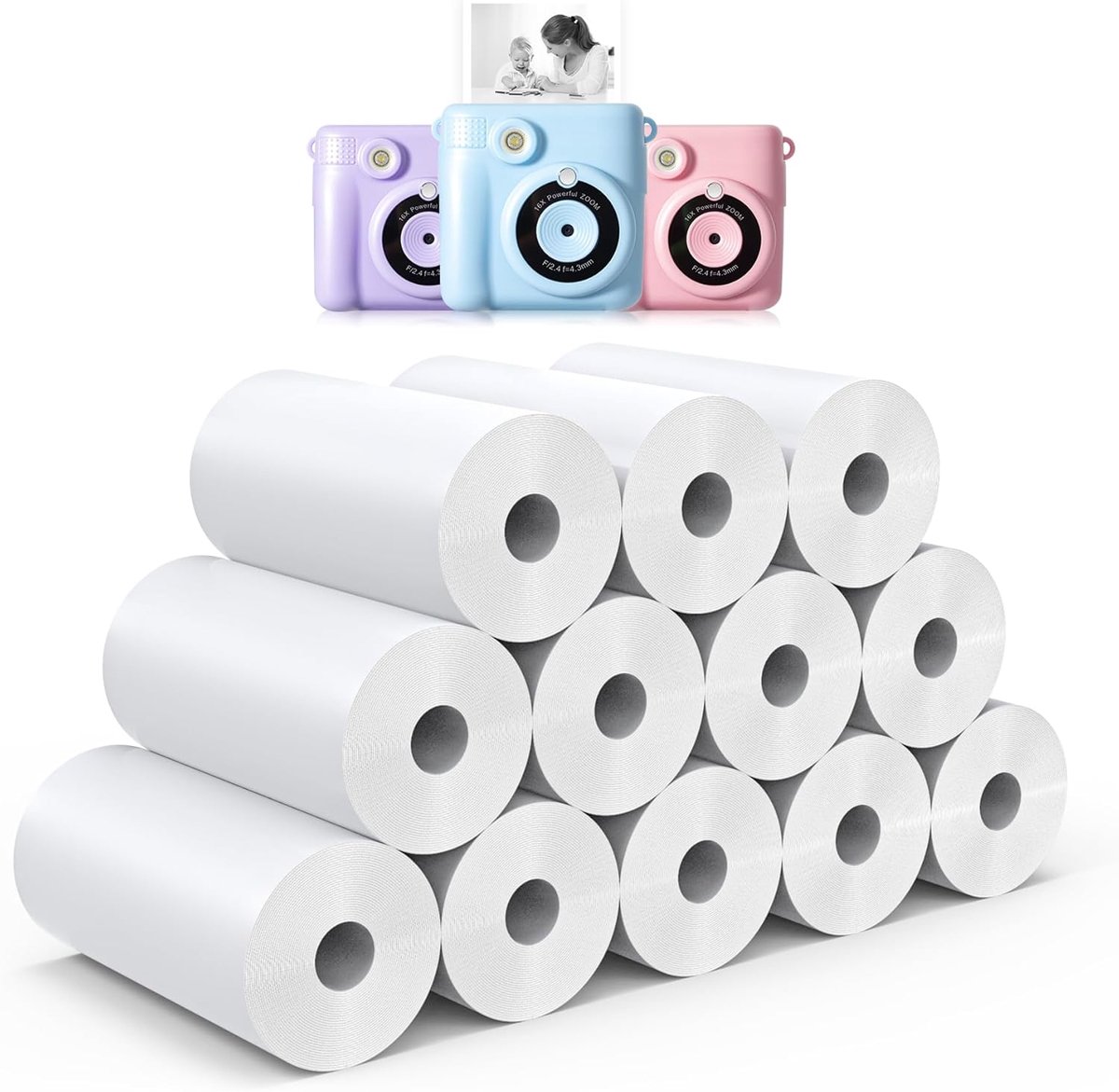 12 rollen thermisch papier voor kinderen met onmiddellijke print - nul inkt afdrukken papier thermische navulpapierrollen voor de meeste kinderen Instant digitale camera (wit-12)