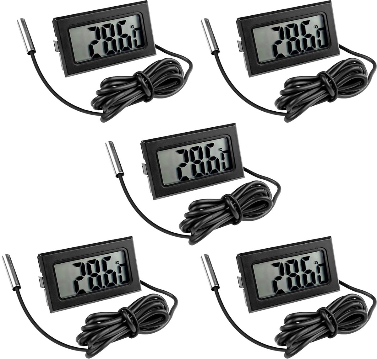 Set van 5 digitale aquariumthermometer met sensor, temperatuursensor, waterdicht met kabel, lcd-thermometer, temperatuurbewaking met externe sonde voor koelkast, vriezer, aquarium