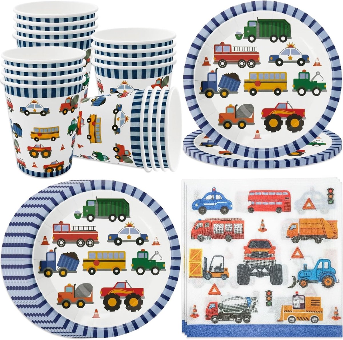 Verjaardagsfeestservies voor jongens voor 16 gasten | brandweerwagen, graafmachine, politieauto, vrachtwagen, ambulance, kartonnen borden, kopjes, servetten, serviesset