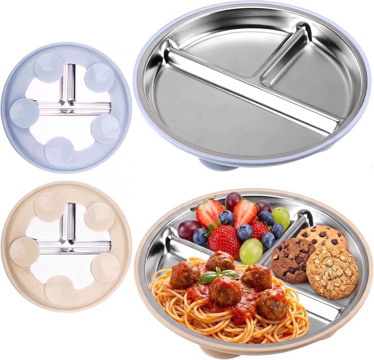 Borden met zuignap, roestvrijstalen borden met zuignap, antislip roestvrijstalen borden voor zelfstandig eten, vaatwasmachinebestendig
