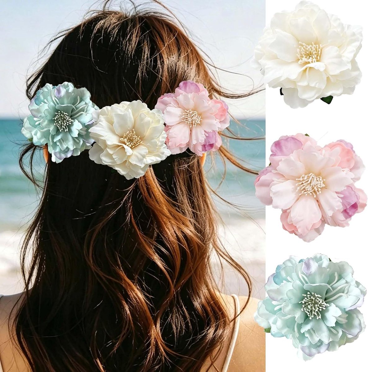 3 stuks Hawaïaanse bloemenclips, tropische stof, bloemenpatroon, bohemian stijl, kunstbloemen voor vrouwen, zomeraccessoires, strandaccessoires