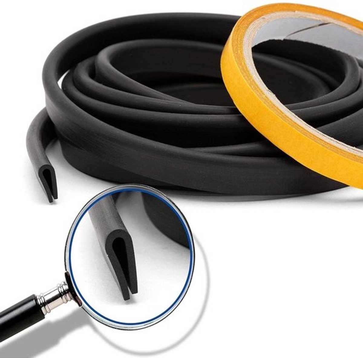 Rubber spatbord - 15 tot 3 mm dikte - tochtstopper vorm "U" - lijm - aluminiumprofiel hout meta 10 m