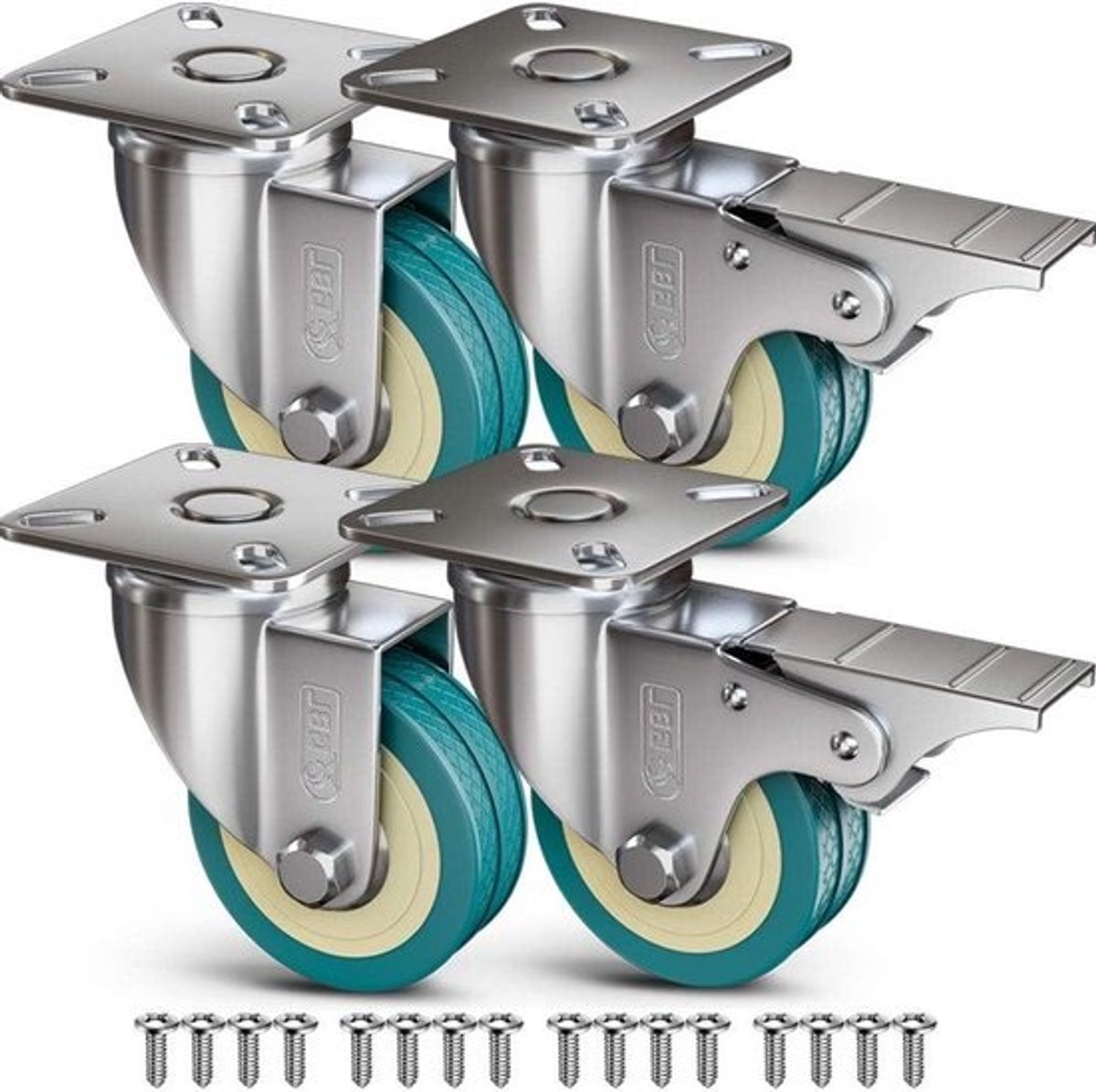 Zwenkwielen set van 4 - 50 mm met schroeven - Draagvermogen 50 kg per wiel - Meubel of trolley zwenkwieltjes - 2 wielen met rem - Transportwielen - Voor meubels en trolleys