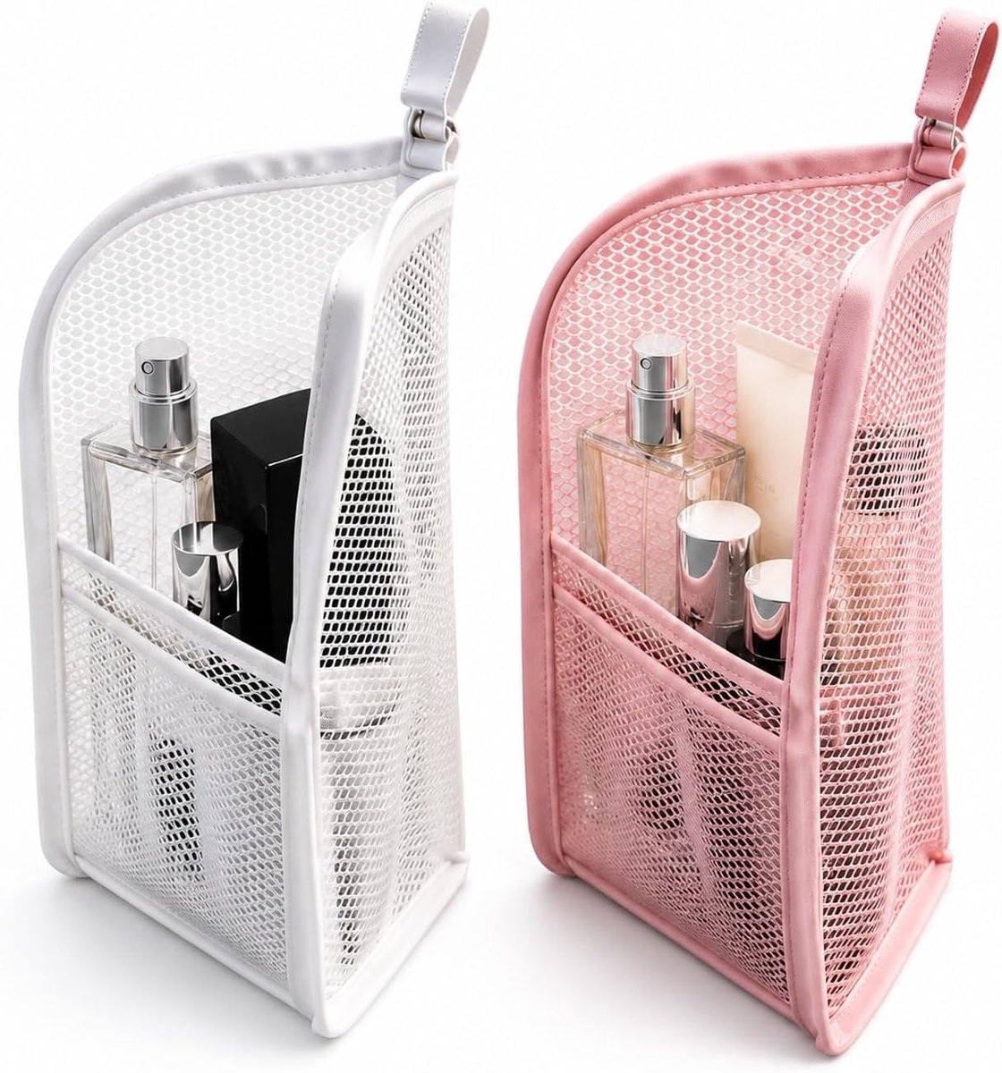2 stuks staande opvouwbare reis-cosmetictas van waterdicht EVA, ophangbare net-organizer voor badkamerartikelen en make-up voor thuis, reizen en sport (Wit + Roze, 22×13cm)