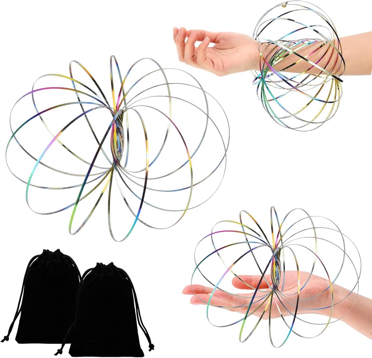 2 stuks doorstroomringen, speelgoed, magische flow-ringen, 3D-arm, veer, magische doorstroomring, roestvrij staal, multisensorisch, pedagogisch en interactief veer, speelgoed met zwart