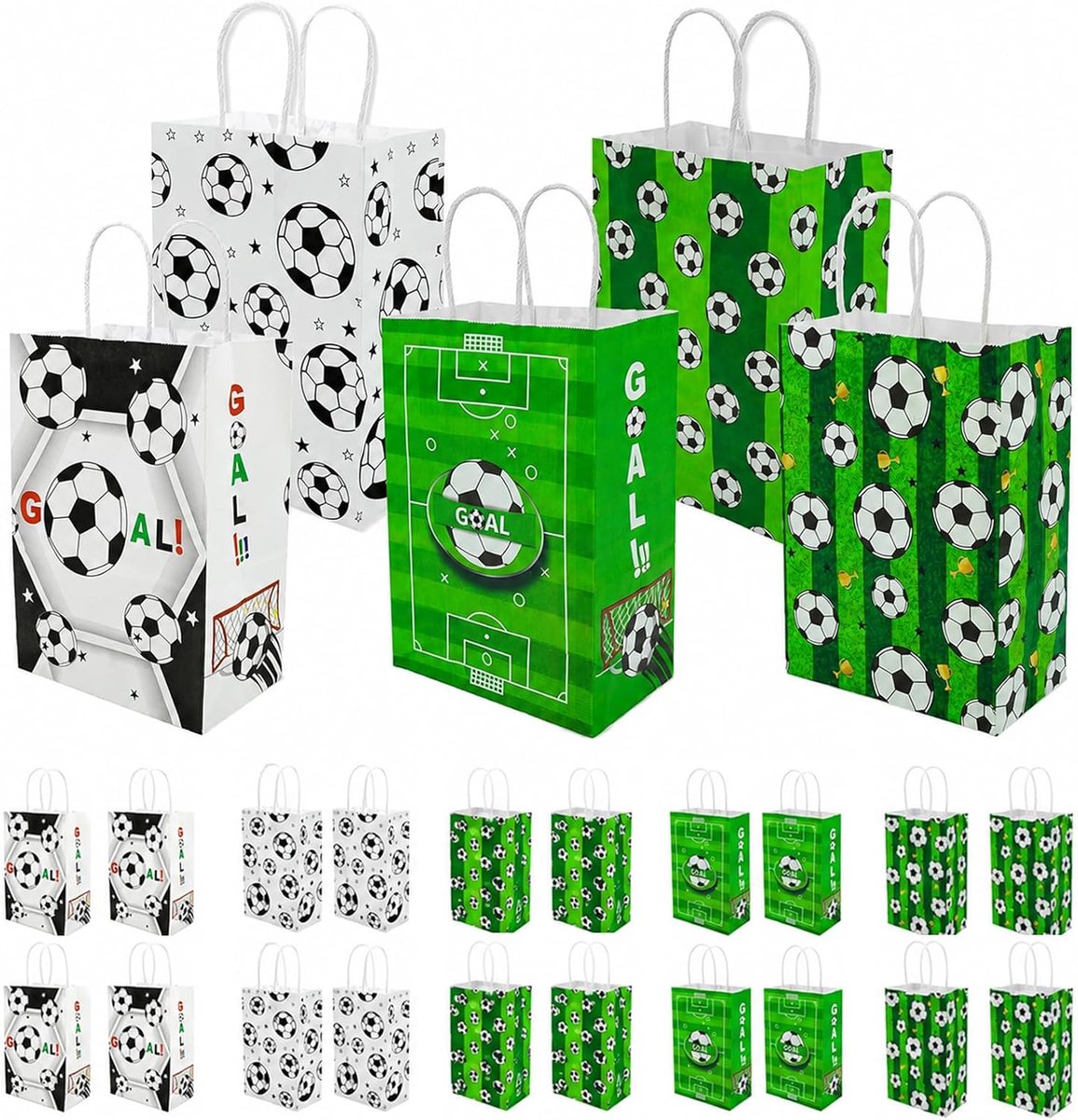 20 stuks kindervoetbalfeesttassen vullers voor kinderen, feest, voetbal, papieren feesttassen met handgrepen, feesttassen voor jongens, kraftpapier, voetbalgeschenkzak, 21 x 15 x 8 cm, feesten