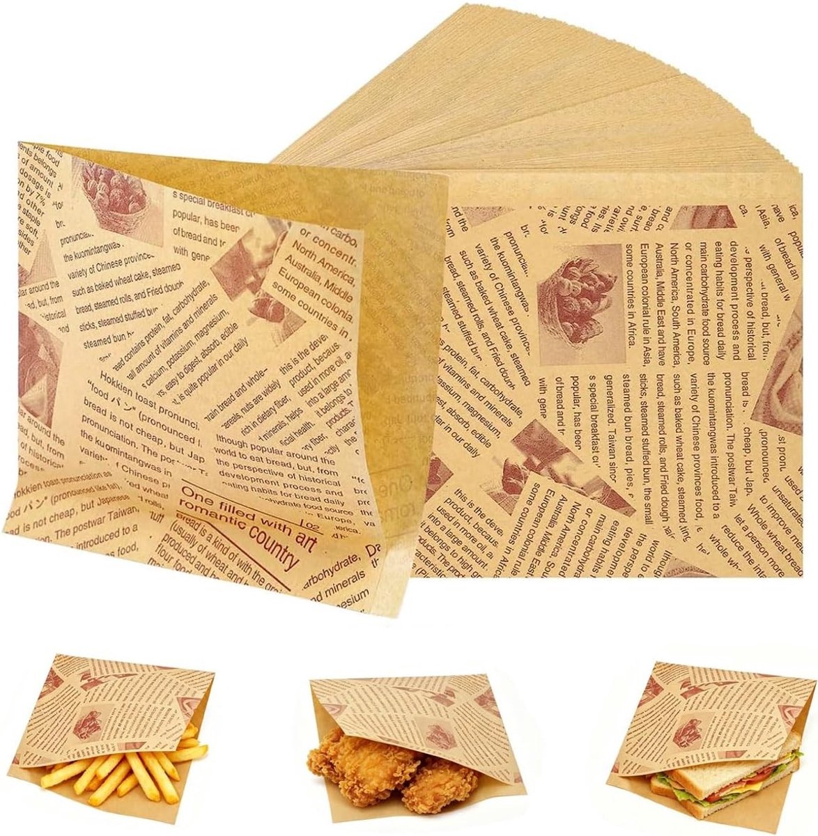 150 papieren hamburgerzakken - 15 x 15 cm vetbestendige kraftzakken voor friet, sandwiches en snacks