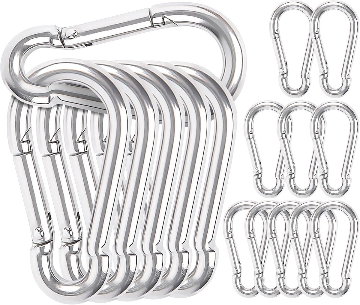 16 stuks karabijnhaken, 6 x 60 mm, stalen karabijnhaken, sleutelhanger, karabijnhaak, voor hangmat, veerkarabijnhaak, M6, camping, vissen, schommel en wandelaccessoires (zilver)