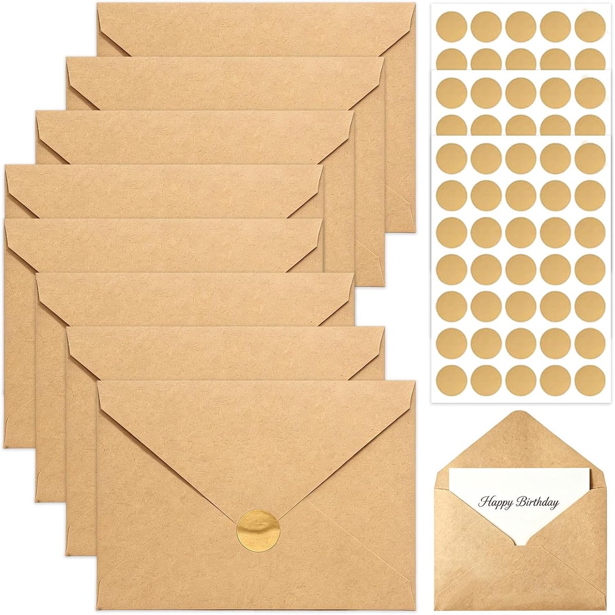 Enveloppen van kraftpapier, 100 stuks, 135 x 185 mm, B6, goudzegel, bruiloft