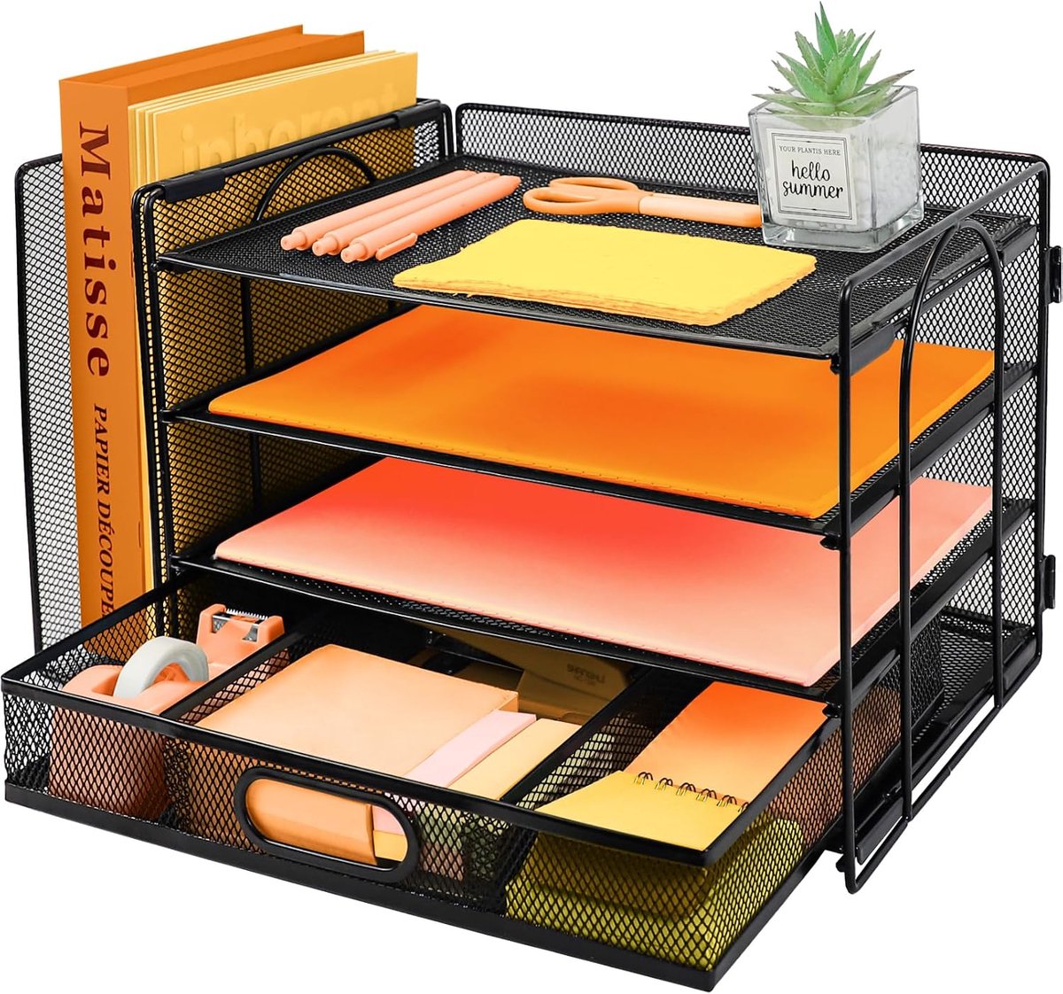 Brievenbakje bureauorganizer met verticale bestandshouder, bureaumap organizer met lade, A4-papieren bureaubladen, tijdschriftdocumenthouder voor thuiskantoor, zwart