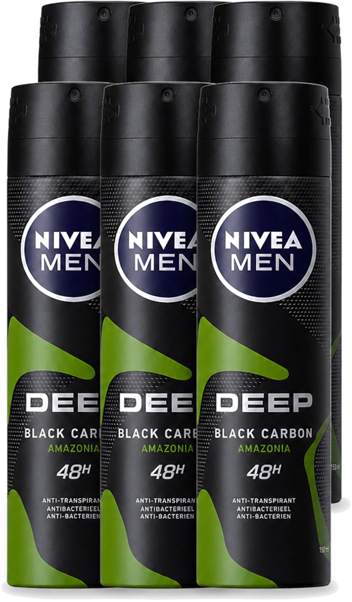 6 x Nivea - Men - Deodorant - Spray - Deep Black Carbon Amazonia - 150 ml - Voordeelverpakking - 6 stuks